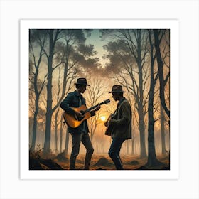 Two Men Playing Guitar In The Forest Art Print