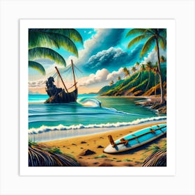 Beach Scene Sailing Ship Wreck In The Foregroun 2 Art Print