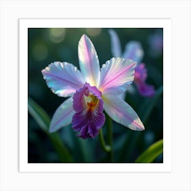 An Ethereal Orchid With Petals Of Cascading, Iridescent Light Blooming In A Magical Garden 1 Art Print