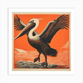 Retro Bird Lithograph Brown Pelican 2 Art Print