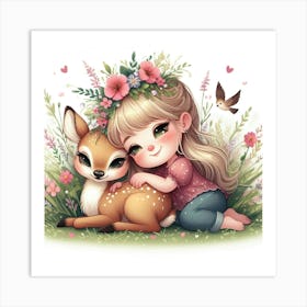 Cute Little Girl And Deer Art Print