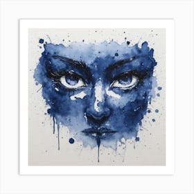 Blue Face, ink, watercolour Art Print