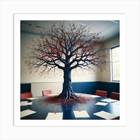 An Unusual Centerpiece Of A Leafless Tree With Red Branches Extending From A Central Trunk, Placed On A Round Table In A Conference Room Setting Art Print