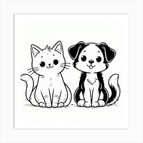 Line Art cat and dog 2 Art Print