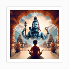 Boy meditating infront of Lord Shiva Art Print