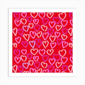 Hearts On A Red Background Art Print