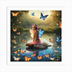 Fairy sitting in a magical lake, with butterflies Art Print