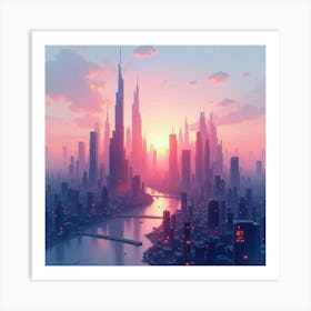 Futuristic City Skyline At Sunset, Watercolor Blend Of Pinks And Blues 1 Art Print