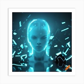 Craiyon 161338 Cinematic View Of Tron Character Shattering Apart Into Glowing Glass Fragments 1 Art Print