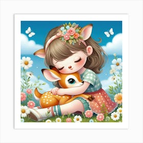 Little Girl Hugging A Deer 1 Art Print