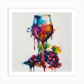 Vibrant Watercolor Painting Of A Wine Glass Filled With Wine Dripping Art Print