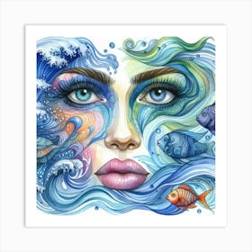 Watercolor Of A Woman With Fish Art Print