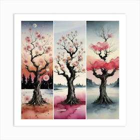 Three different palettes each containing cherries in spring, winter and fall Art Print