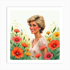 Smiling Princess Diana In A Watercolor Field Of Vibrant Blooming Flowers 1 Art Print