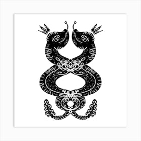 Two snakes in crowns linocut stylized Art Print