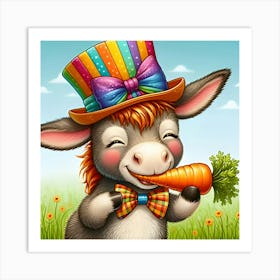 A Donkey With A Hat Eating A Carrot Art Print