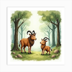 Watercolor The Satyrs In A Playful, Mythical Forest Scene 1 Art Print