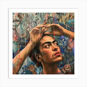 Battling Mental Health. Frida Kahlo Style Self Portrait. 2 Art Print