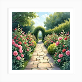 An English Garden With A Classic Stone Path And Blooming Roses, Watercolor 1 Art Print