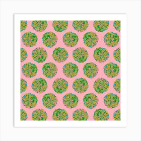 CHRYSANTHEMUMS Multi Abstract Polka Dot Floral Summer Bright Flowers in Green Blue Pink Yellow on Pale Pink Art Print