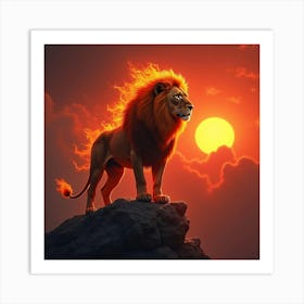 A Regal Lion With A Mane Made Of Flames, Standing On A Rocky Outcrop Under A Red Sunset Art Print