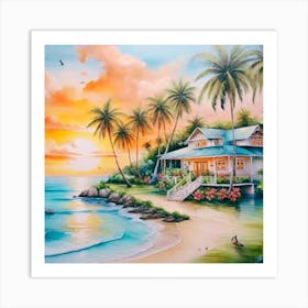 Beach House At Sunset Art Print