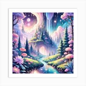 A Fantasy Forest With Twinkling Stars In Pastel Tone Square Composition 280 Art Print