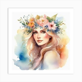 Watercolor Of A Girl With Flowers Art Print