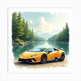 Lamborghini Sián With A Watercolor Peaceful Lake And Forest 1 Art Print