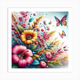 Colorful Flowers And Butterflies 1 Art Print