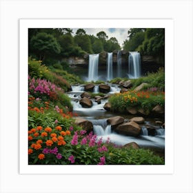 Waterfalls And Flowers Art Print