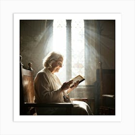 An Elderly Woman Of Faith Dressed In A White Cardigan Is Absorbed In Reading The Holy Bible Her H (1) Art Print