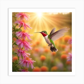 Ruby Throated Hummingbird Hovering Delicately Over Vibrant Flowers Extracting Nectar Backdrop Of I 984678035 Art Print