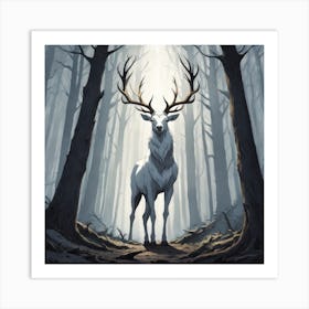 A White Stag In A Fog Forest In Minimalist Style Square Composition 26 Art Print