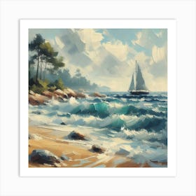 Sailboat On The Beach, Acrylic Painting Style 12 Art Print