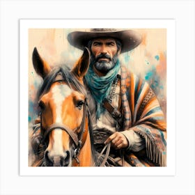 Midaged Mexican Rider With Poncho And Hat On A Horse Detail Color Painting 1 Art Print