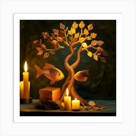 Gold Tree With Fishes And Candles Art Print