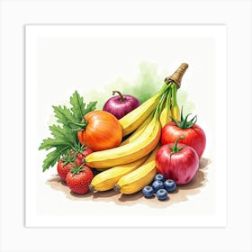 Elegant Watercolor Portrayal Of Colorful Produce In A Lovely, Artistic Setting 1 Art Print