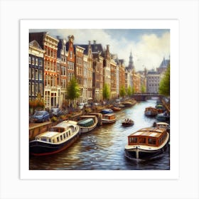 Amsterdam Canals - A canal scene in Amsterdam, with colorful houses lining the banks and boats floating by. The scene is rendered in a realistic, painterly style 2 Art Print