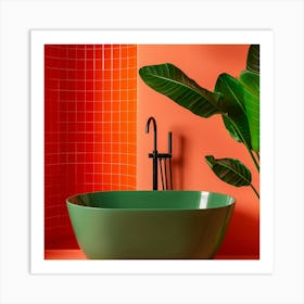 Bathroom With Green Tub And Plant Art Print