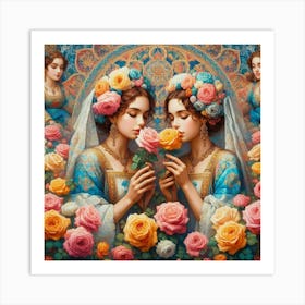 Two Sisters With Roses Art Print