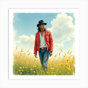 Watercolor Depiction Of Michael Jackson In A Serene Meadow 1 Art Print