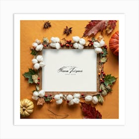 A Seasonal Thanksgiving Frame Design Featuring A Round Cotton Chaplet Layered With Autumn Leaves Ad (5) Art Print