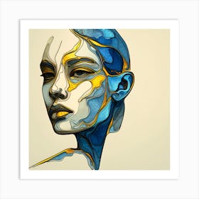 Portrait Of A Woman's Face - An Abstract Artwork In Blue, And Golden Colors, Stained Glass Style. Art Print