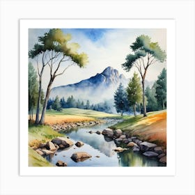 Watercolor Of A Mountain Stream Art Print