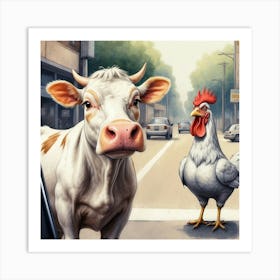 Cow And Chicken On The Street Art Print