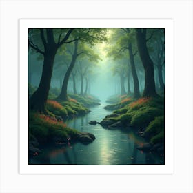 Elven Forest With Crystal Clear Streams And Delicate, Floating, Magical Lights 1 Art Print