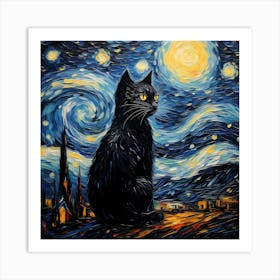 Black Cat Under The Stars, Vincent Van Gogh Inspired Art Print