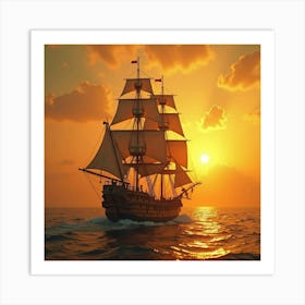 Beautifully Crafted Antique Ship Gliding Through A Golden Sunset 1 Art Print