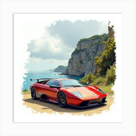 Lamborghini Murciélago With A Watercolor Dramatic Coastal Cliff 1 Art Print